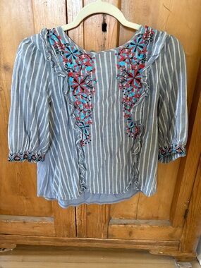 Anthropologie Blue Striped Embroidered Peasant Blouse